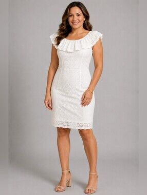 Jessica Howard Eyelet Ruffle Sheath Dress in White Size 8